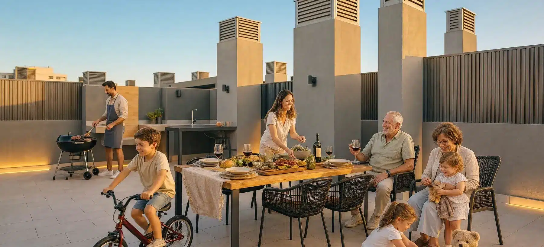 Familia compartiendo un asado en la terraza al atardecer